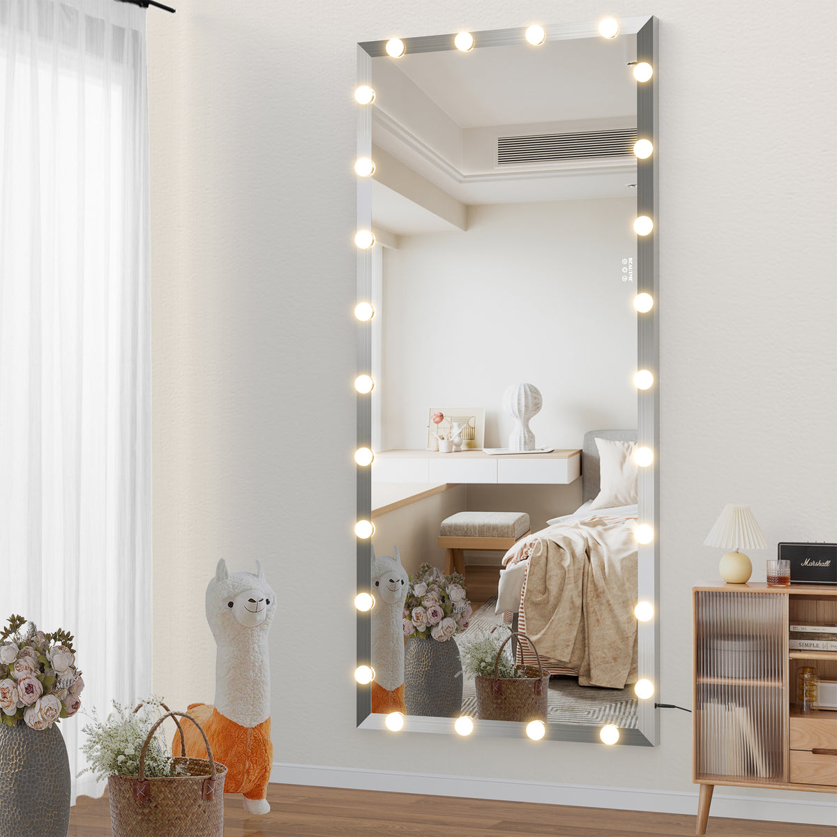 72X32 inch Hollywood full body mirror with light  dressing mirror with 3 color modes of lighting  standing floor mirror touch co