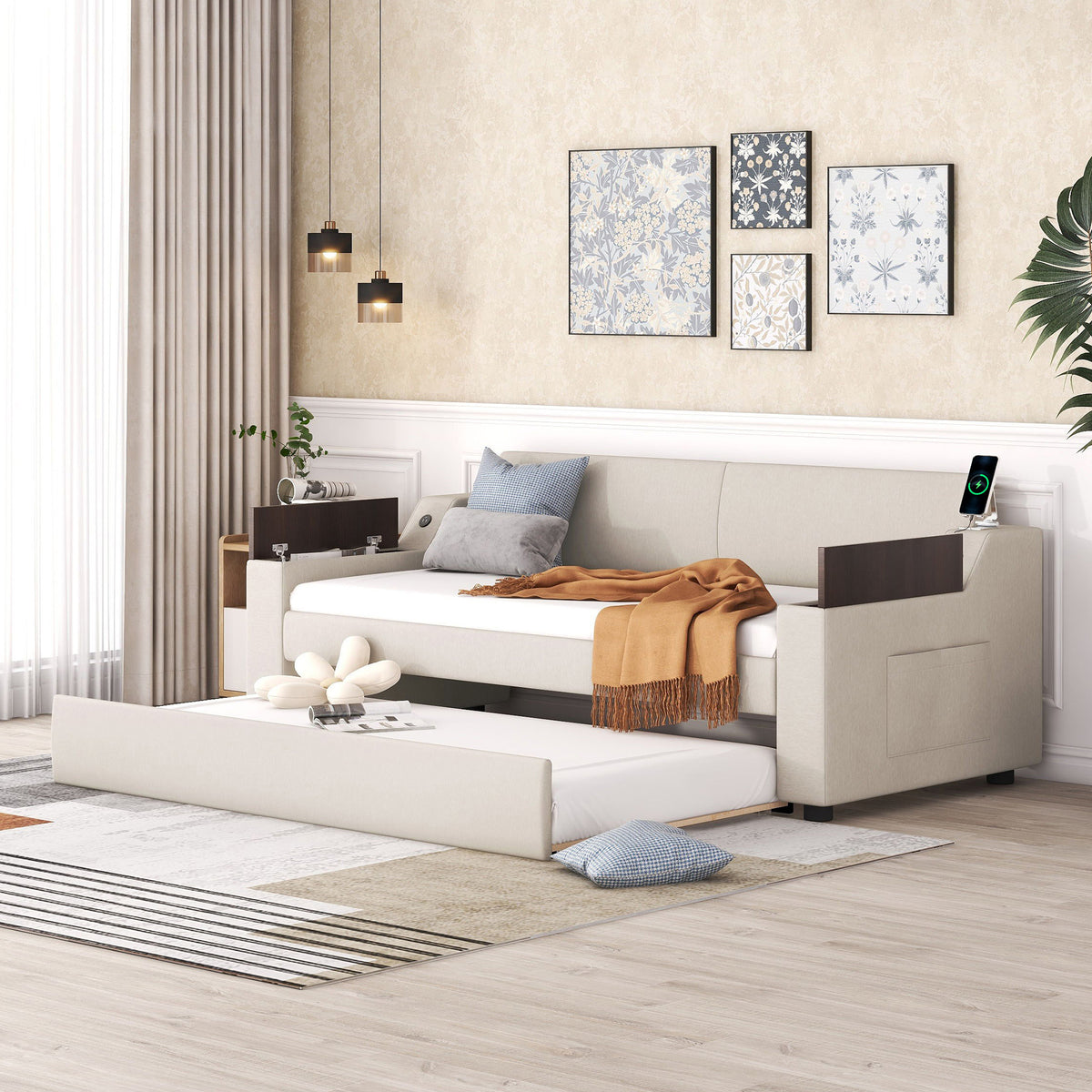 Twin Size Upholstery Daybed with Storage Arms  Trundle and USB Design Beige