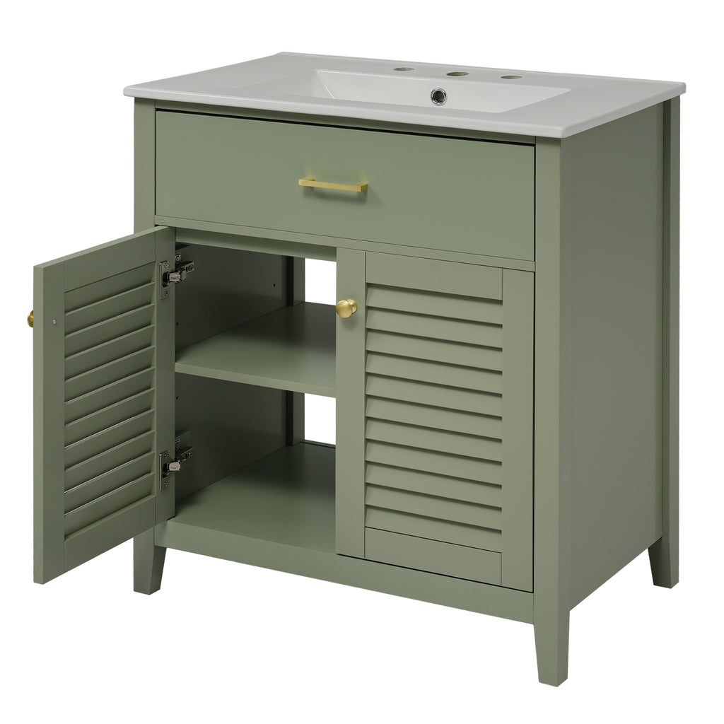 30-Inch Bathroom Vanity with Ceramic Sink Combination, Ample Storage - Features 1 Pullout and Multifunctional Shelf Dividers