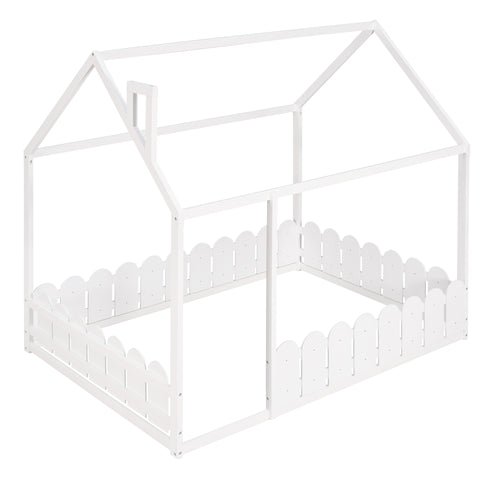 (Slats are not included) Full Size Wood Bed House Bed Frame with Fence for Kids Teens Girls Boys (White )