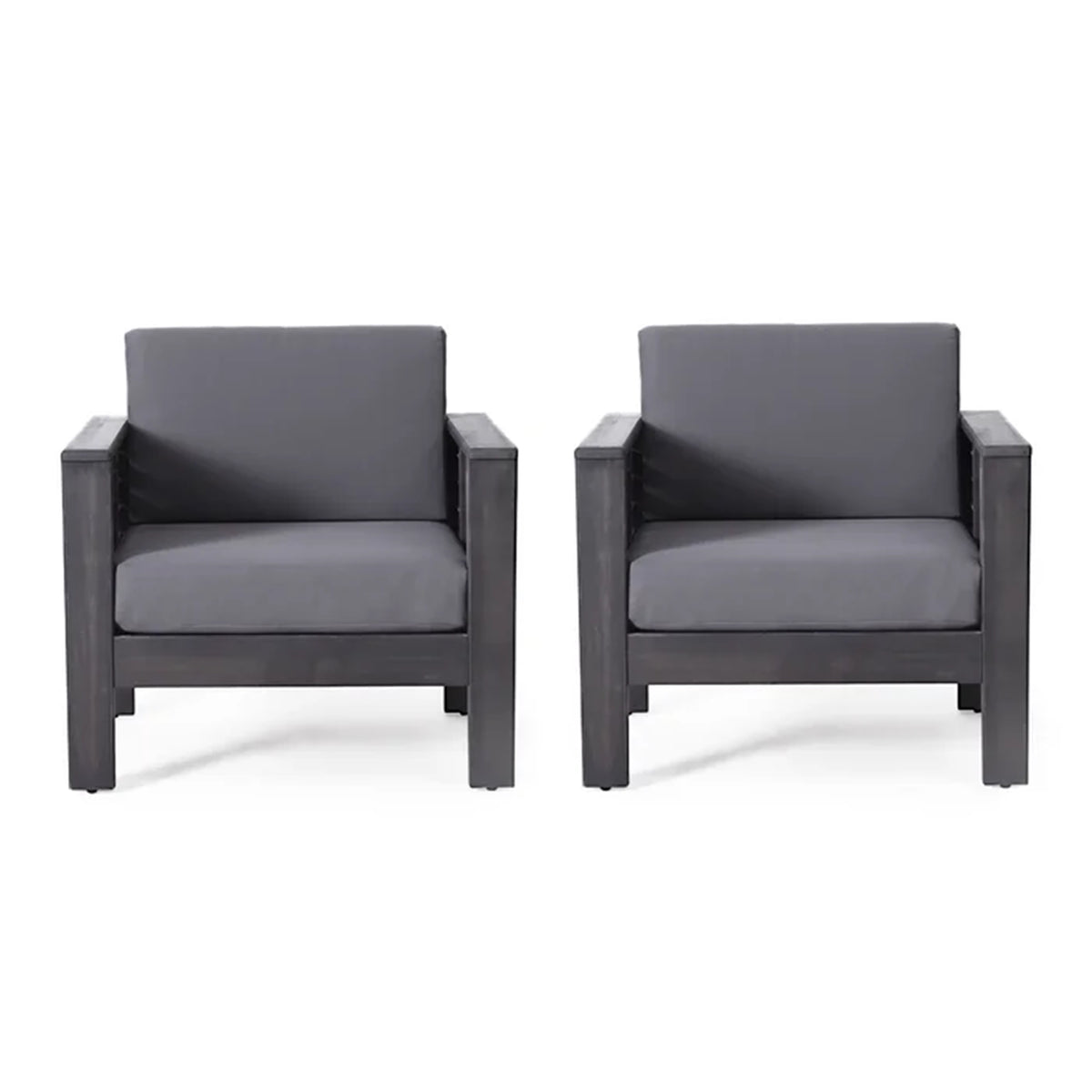 ( Set of 2) Outdoor Acacia Wood Club Chairs with Cushions, Dark Gray, 27.75"D x 32"W x 27.75"H