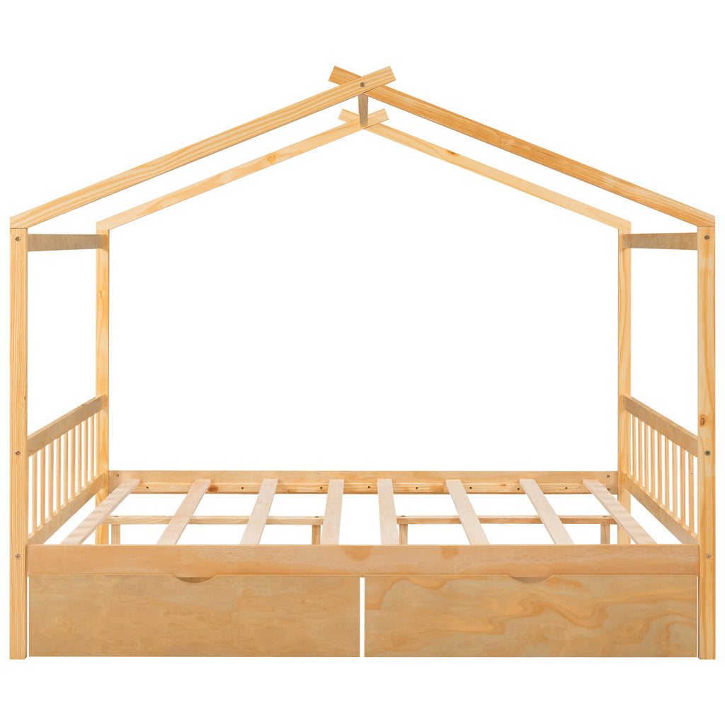 Full Size House Platform Bed with Two Drawers,Headboard and Footboard Roof Design Natural