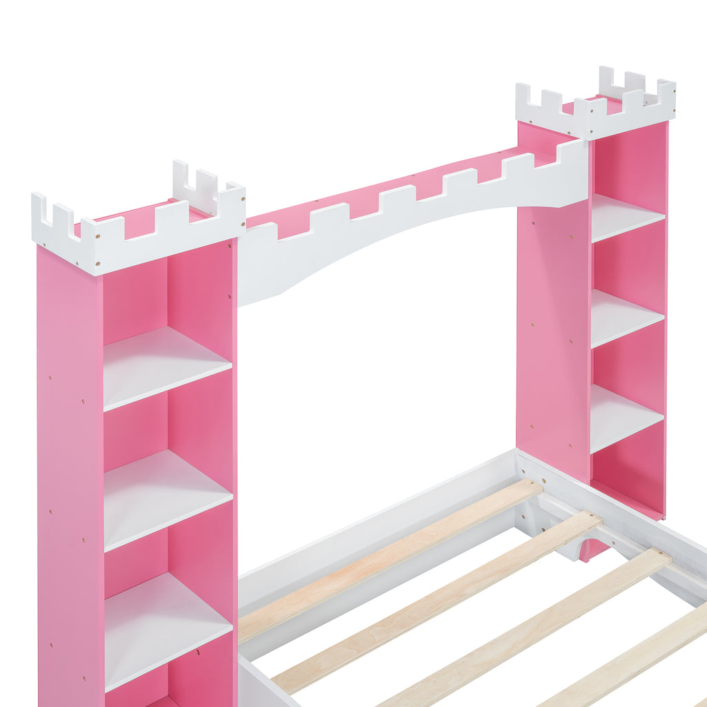Lit en bois en forme de château avec étagère de rangement, lit plateforme double de rêve pour chambre d'enfant, blanc + rose
