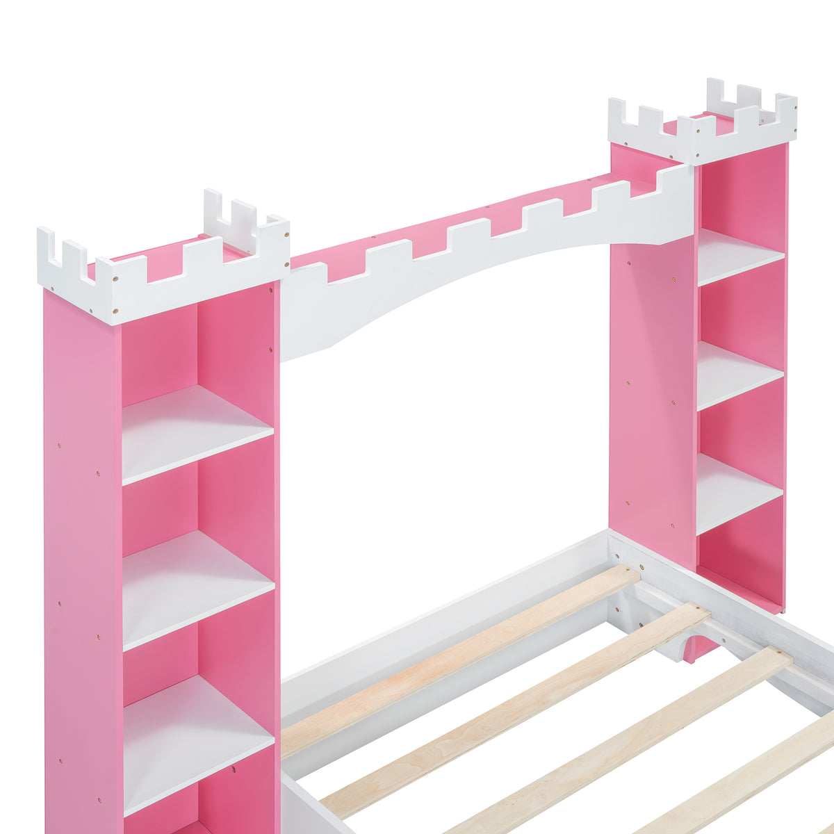 Lit en bois en forme de château avec étagère de rangement, lit plateforme double de rêve pour chambre d'enfant, blanc + rose