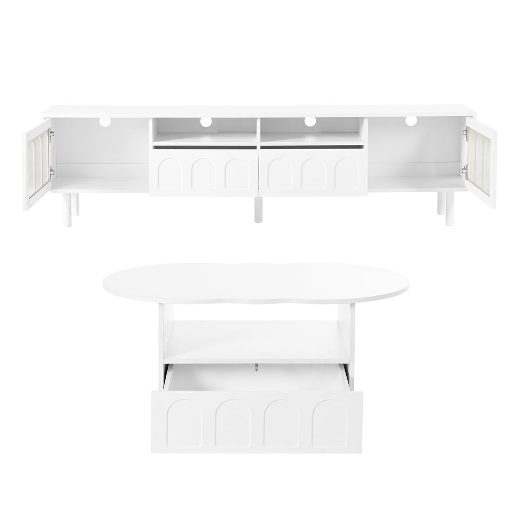 Deux ensembles de meubles TV et tables basses ON-TRANS de style crème, adaptés aux téléviseurs de moins de 80 pouces, blancs