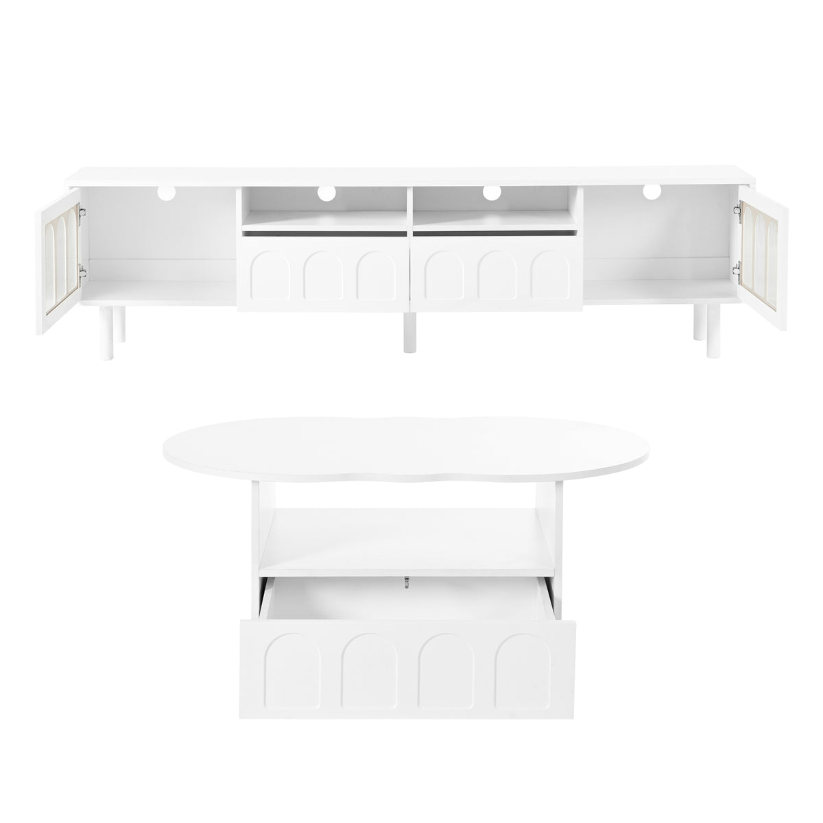 Deux ensembles de meubles TV et tables basses ON-TRANS de style crème, adaptés aux téléviseurs de moins de 80 pouces, blancs