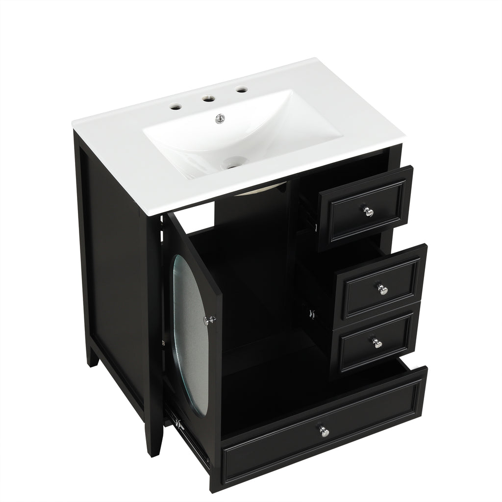 Meuble-lavabo de salle de bain de 76 cm avec lavabo, Meuble de rangement de salle de bain avec trois tiroirs et une porte, Bois massif et MDF, Noir