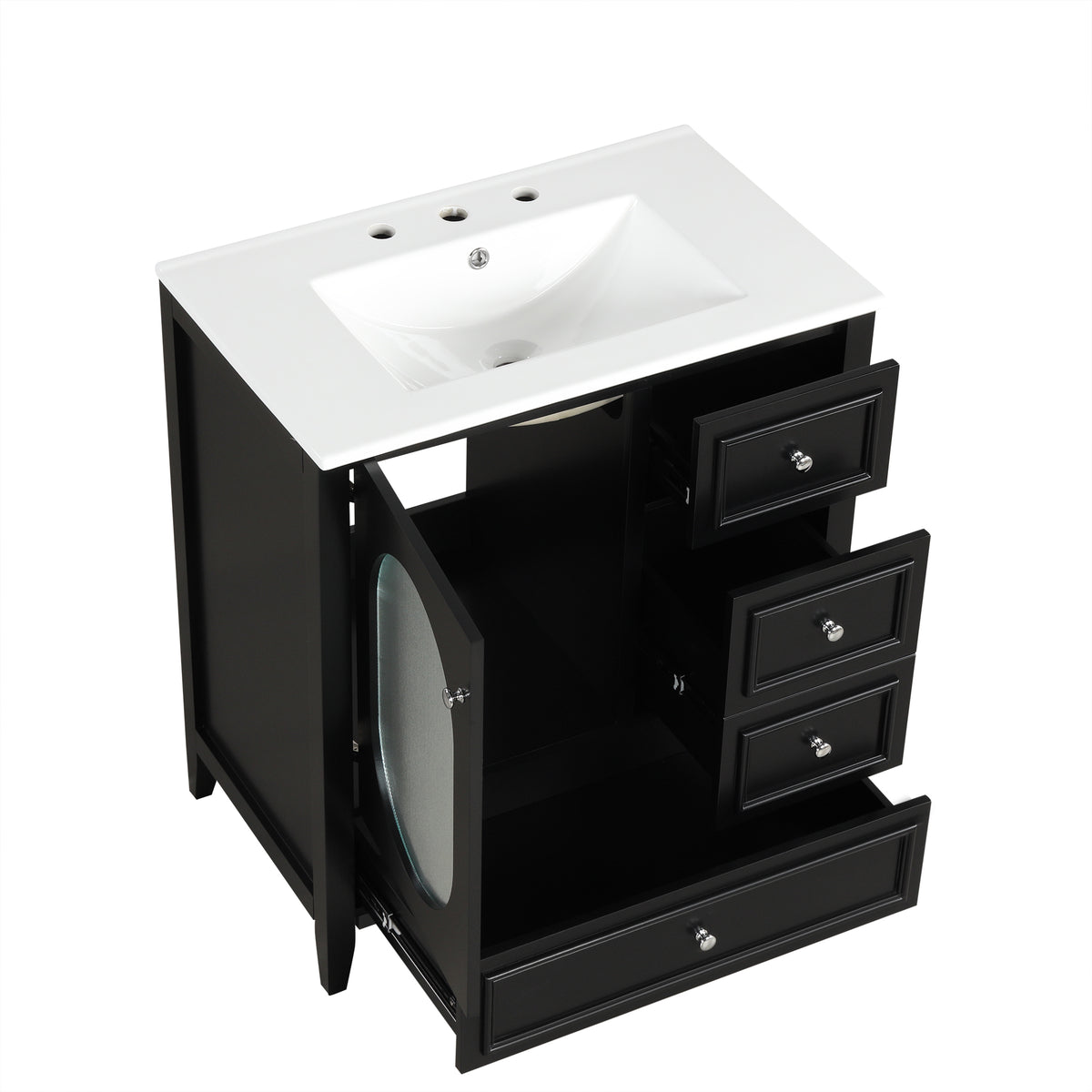 Meuble-lavabo de salle de bain de 76 cm avec lavabo, Meuble de rangement de salle de bain avec trois tiroirs et une porte, Bois massif et MDF, Noir