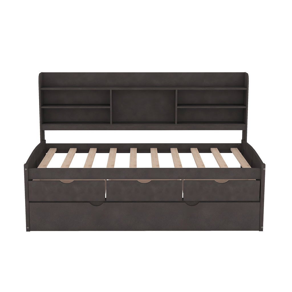 Twin Size Wooden Captain Bed with Built-in Bookshelves,Three Storage Drawers and Trundle,Antique Gray