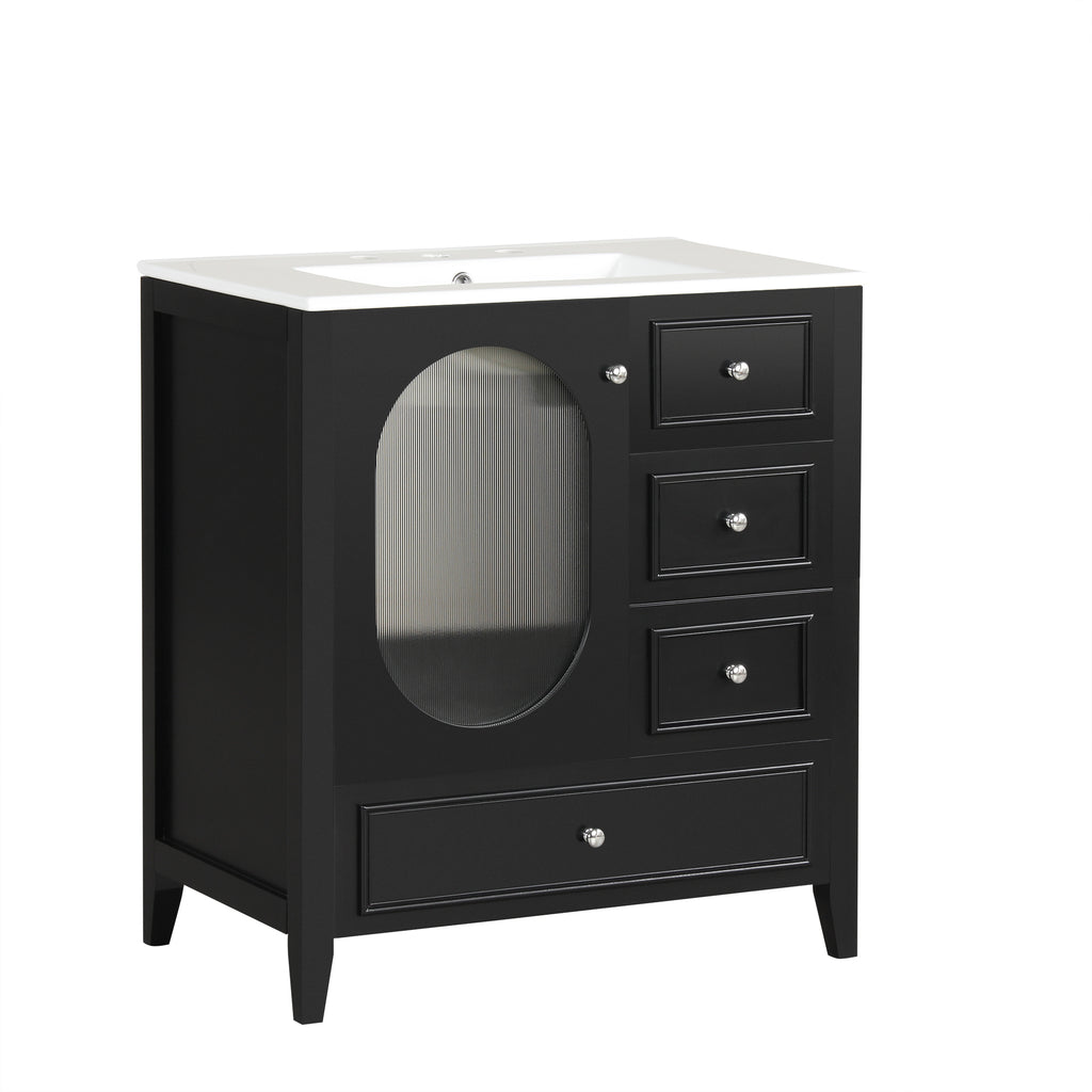 Meuble-lavabo de salle de bain de 76 cm avec lavabo, Meuble de rangement de salle de bain avec trois tiroirs et une porte, Bois massif et MDF, Noir