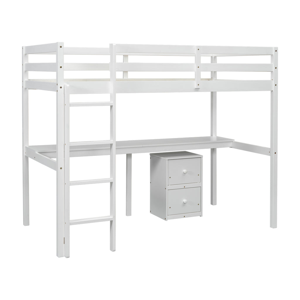 Twin Loft Wood Bed with Under-bed, Built-in Desk, a Storage Cabinet of 2 Drawers, Guardrails, Ladder,White