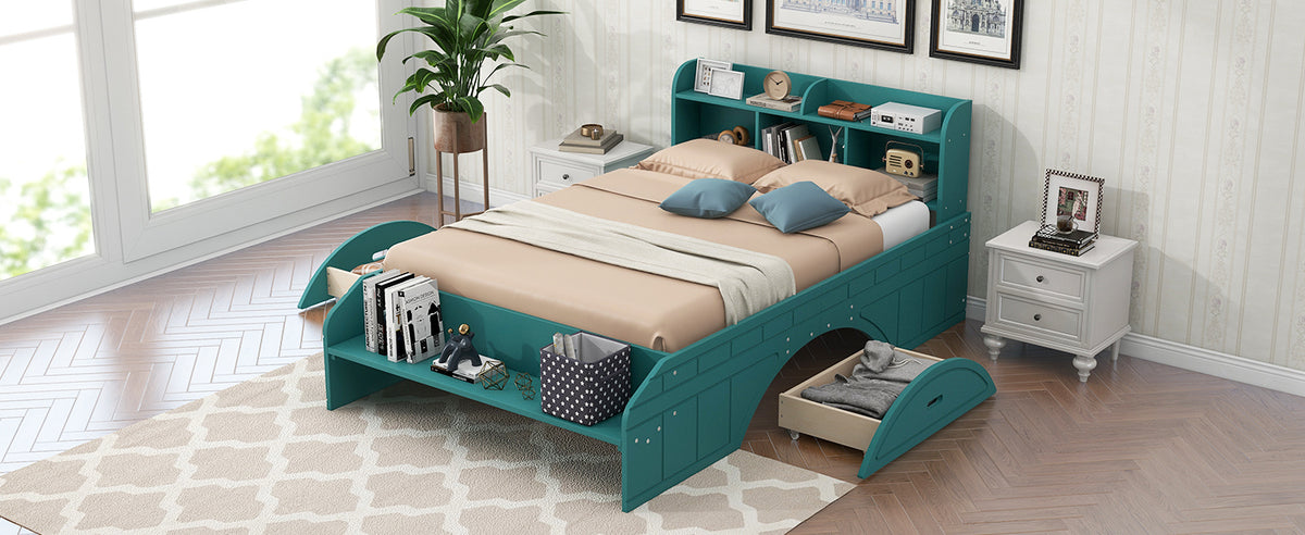 Lit plateforme double en bois avec 2 tiroirs, tête de lit et pied de lit de rangement, vert foncé