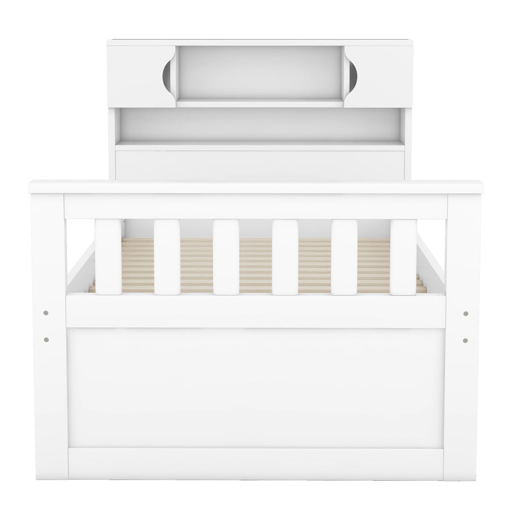 Twin Size Captain Platform Bed Frame with Storage Bookcases and Shelves,Four Drawers,White