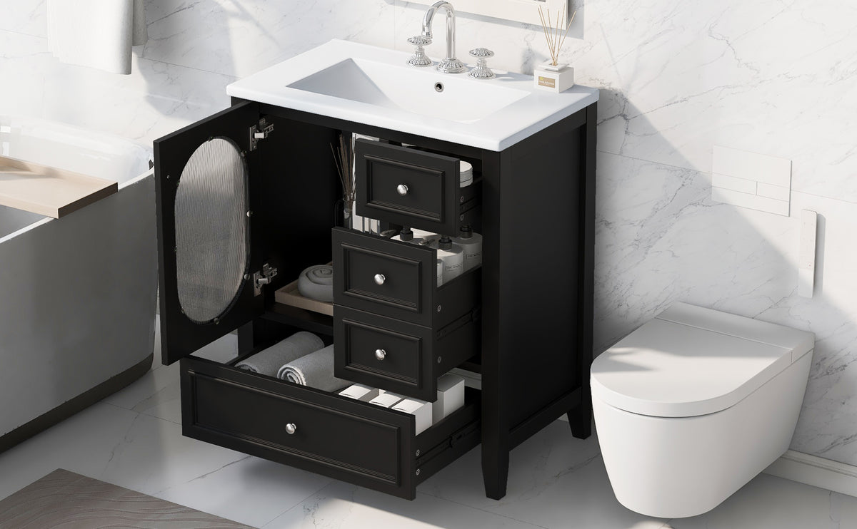 Meuble-lavabo de salle de bain de 76 cm avec lavabo, Meuble de rangement de salle de bain avec trois tiroirs et une porte, Bois massif et MDF, Noir