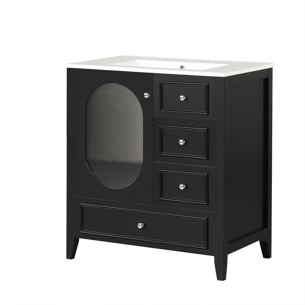 Meuble-lavabo de salle de bain de 76 cm avec lavabo, Meuble de rangement de salle de bain avec trois tiroirs et une porte, Bois massif et MDF, Noir