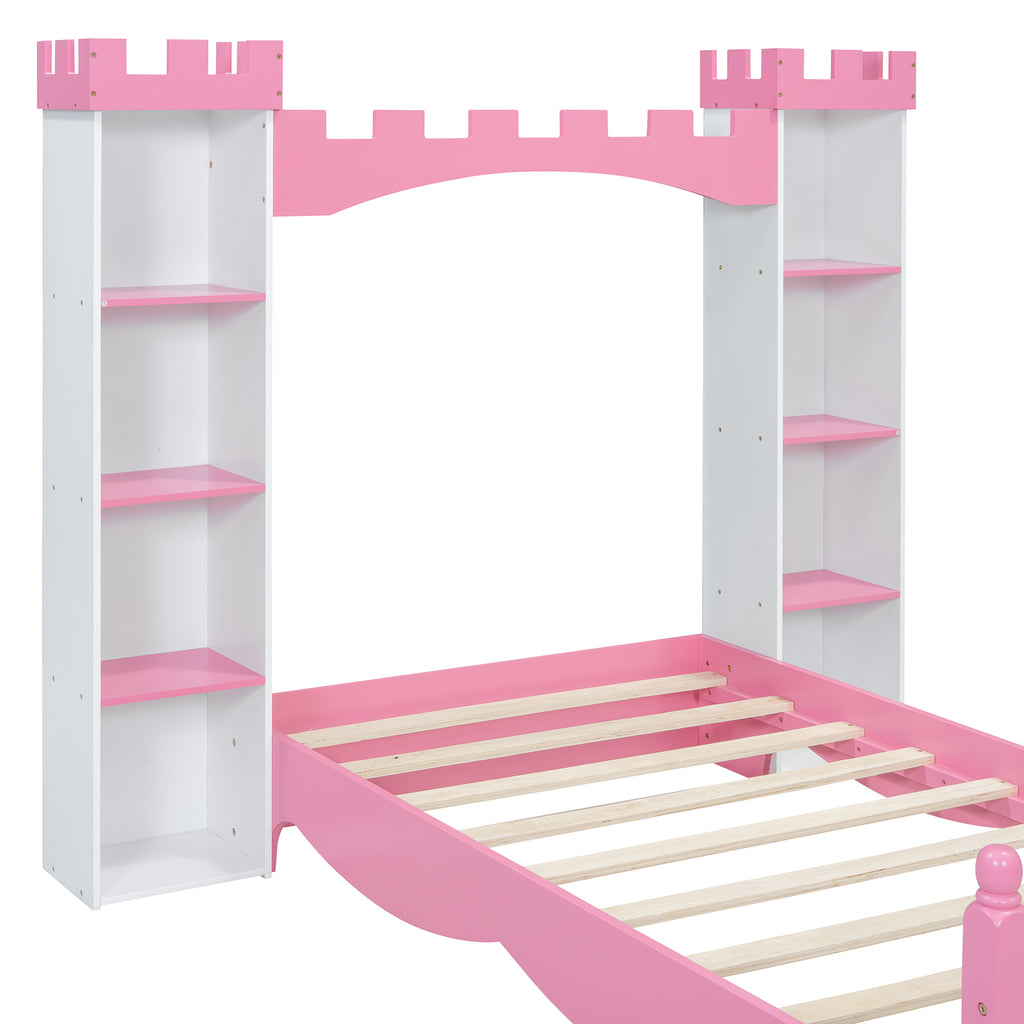 Lit en bois en forme de château avec étagère de rangement, lit plateforme double de rêve pour chambre d'enfant, blanc + rose
