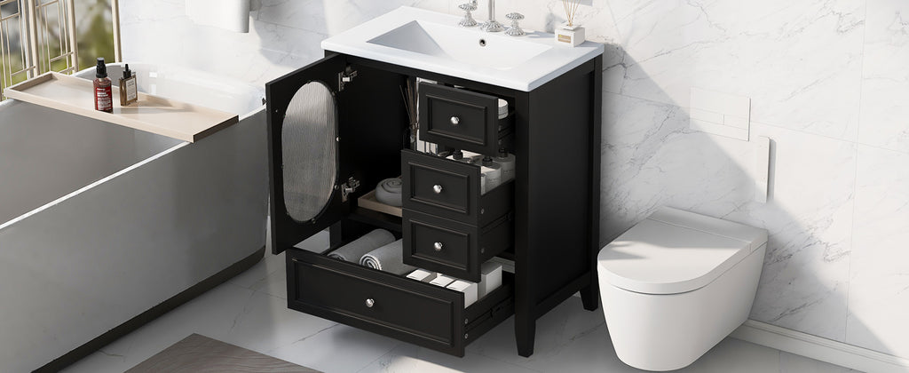 Meuble-lavabo de salle de bain de 76 cm avec lavabo, Meuble de rangement de salle de bain avec trois tiroirs et une porte, Bois massif et MDF, Noir