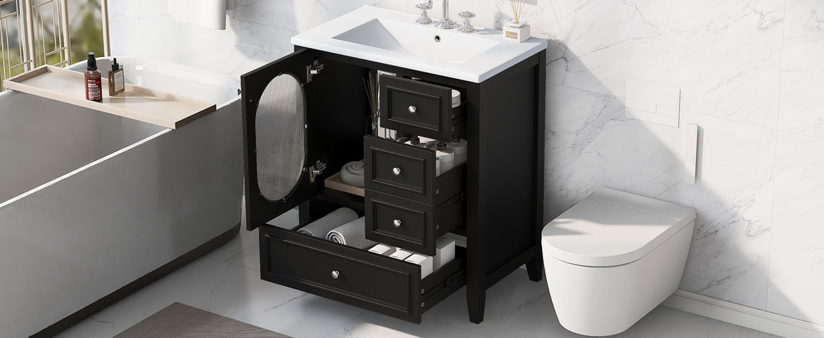Meuble-lavabo de salle de bain de 76 cm avec lavabo, Meuble de rangement de salle de bain avec trois tiroirs et une porte, Bois massif et MDF, Noir