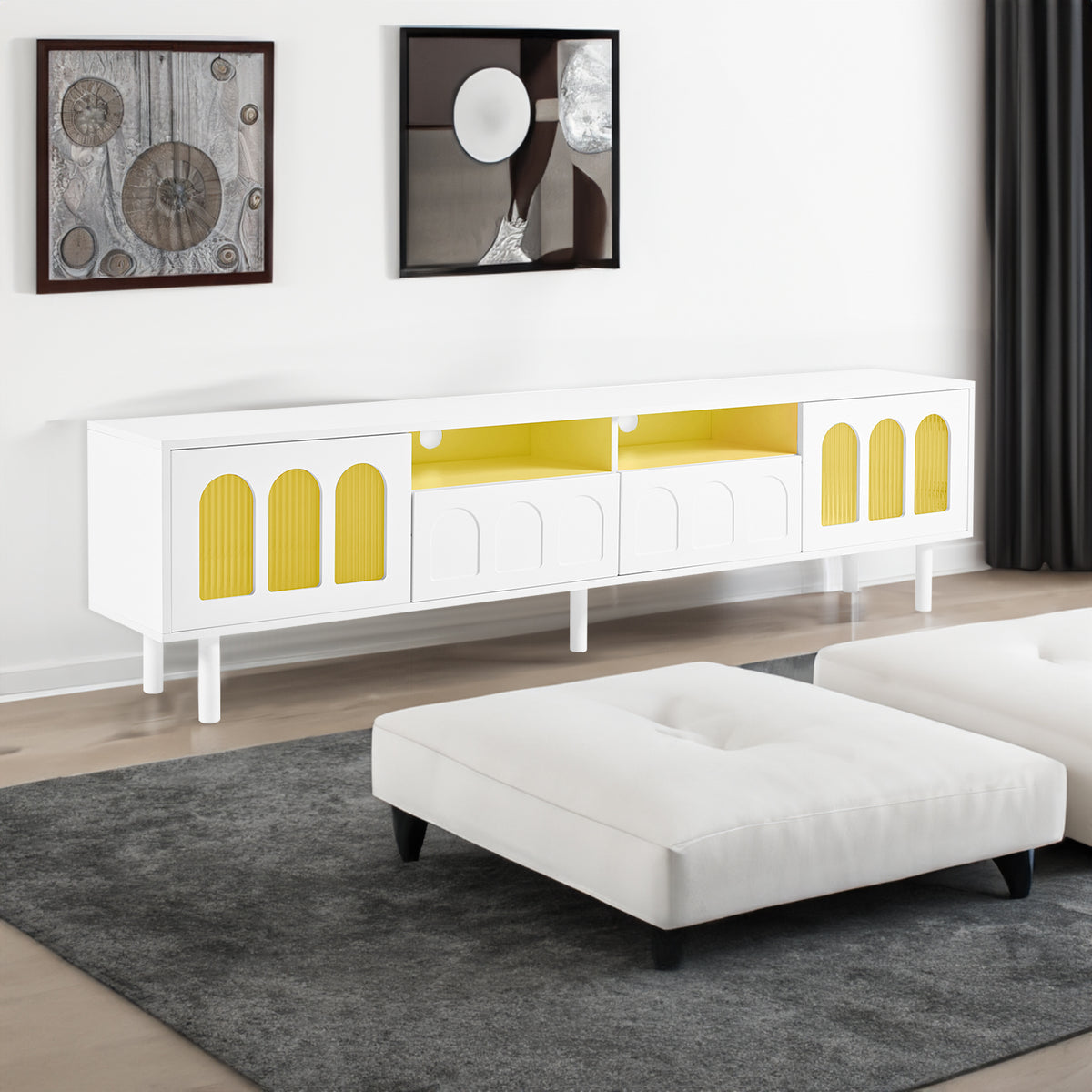 Deux ensembles de meubles TV et tables basses ON-TRANS de style crème, adaptés aux téléviseurs de moins de 80 pouces, blancs