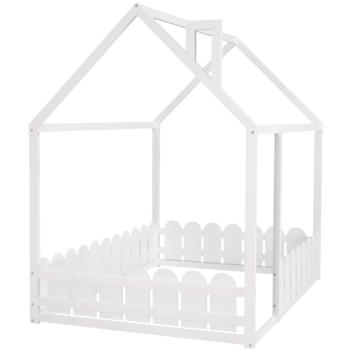(Slats are not included) Full Size Wood Bed House Bed Frame with Fence for Kids Teens Girls Boys (White )