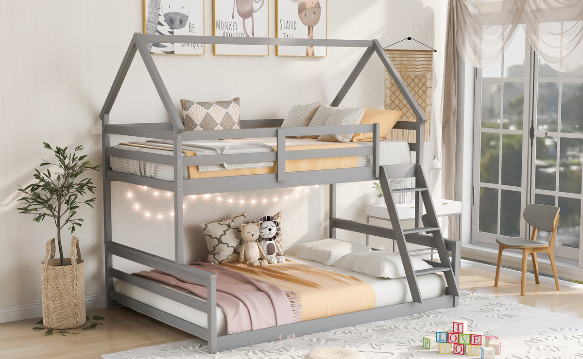 Lit superposé cabane double sur double avec échelle intégrée, gris
