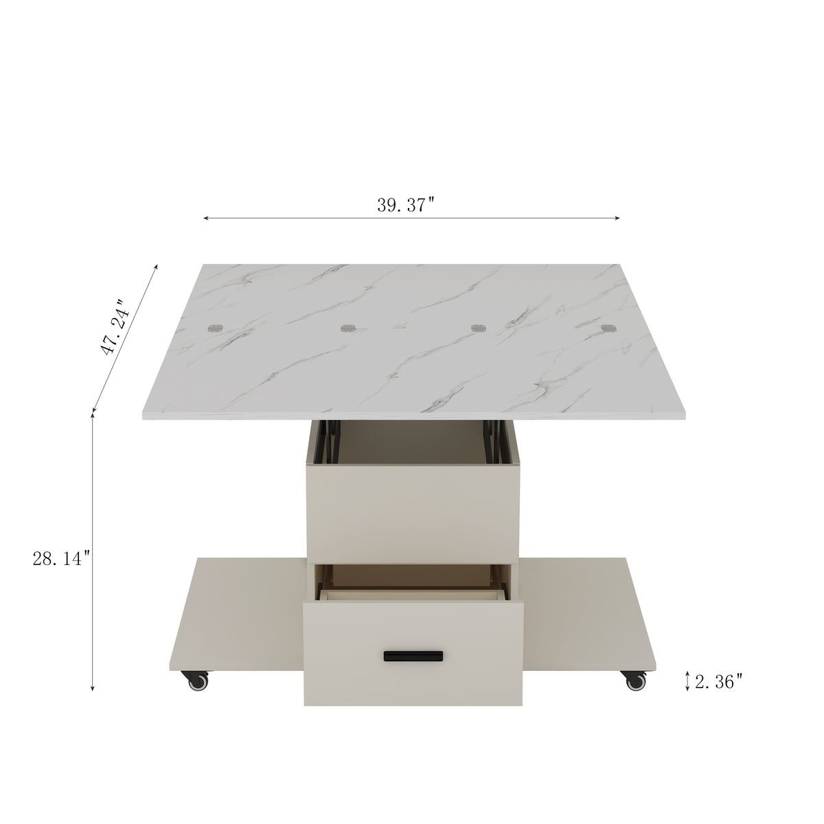 Modern lift coffee table, living room with 4 chairs, expandable 1 hidden storage space+2 drawers, folding dining table