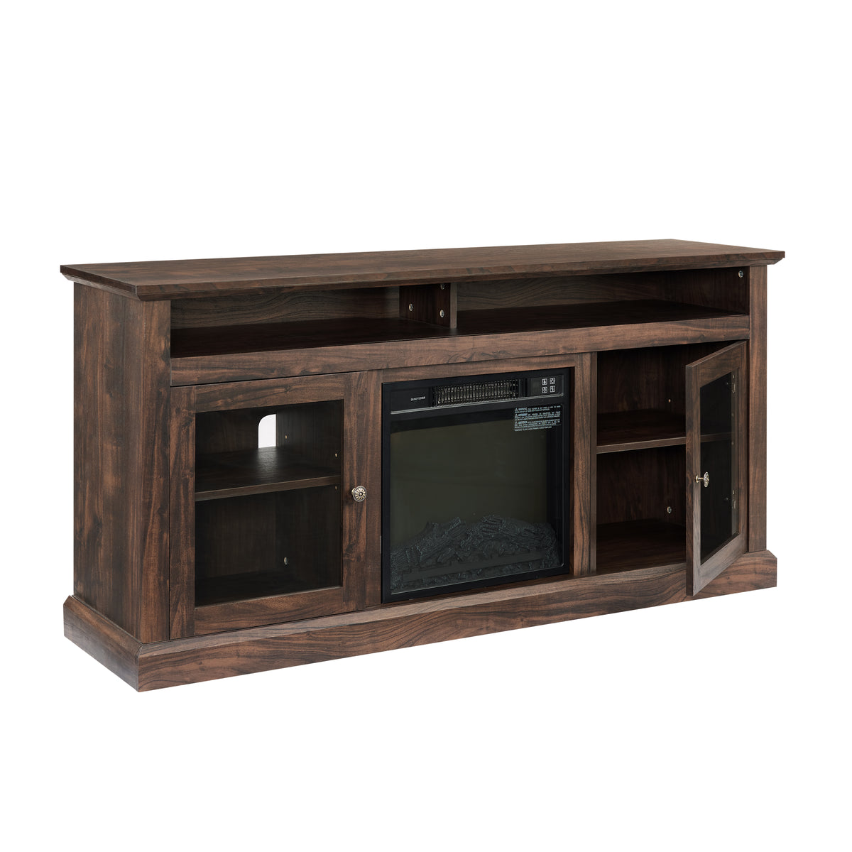 Meuble TV contemporain, console de divertissement moderne avec insert de cheminée électrique de 45,7 cm pour téléviseur jusqu'à 65 pouces avec rangement ouvert