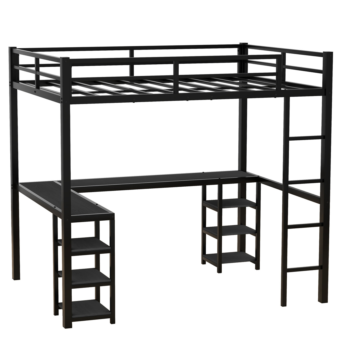 All metal loft bed with desk and shelf, loft bed with ladder and guardrail, black with black desk