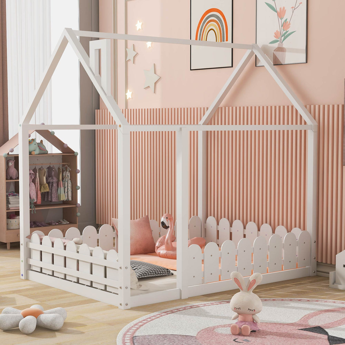 (Slats are not included) Full Size Wood Bed House Bed Frame with Fence for Kids Teens Girls Boys (White )