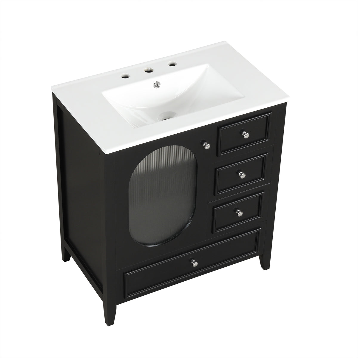 Meuble-lavabo de salle de bain de 76 cm avec lavabo, Meuble de rangement de salle de bain avec trois tiroirs et une porte, Bois massif et MDF, Noir
