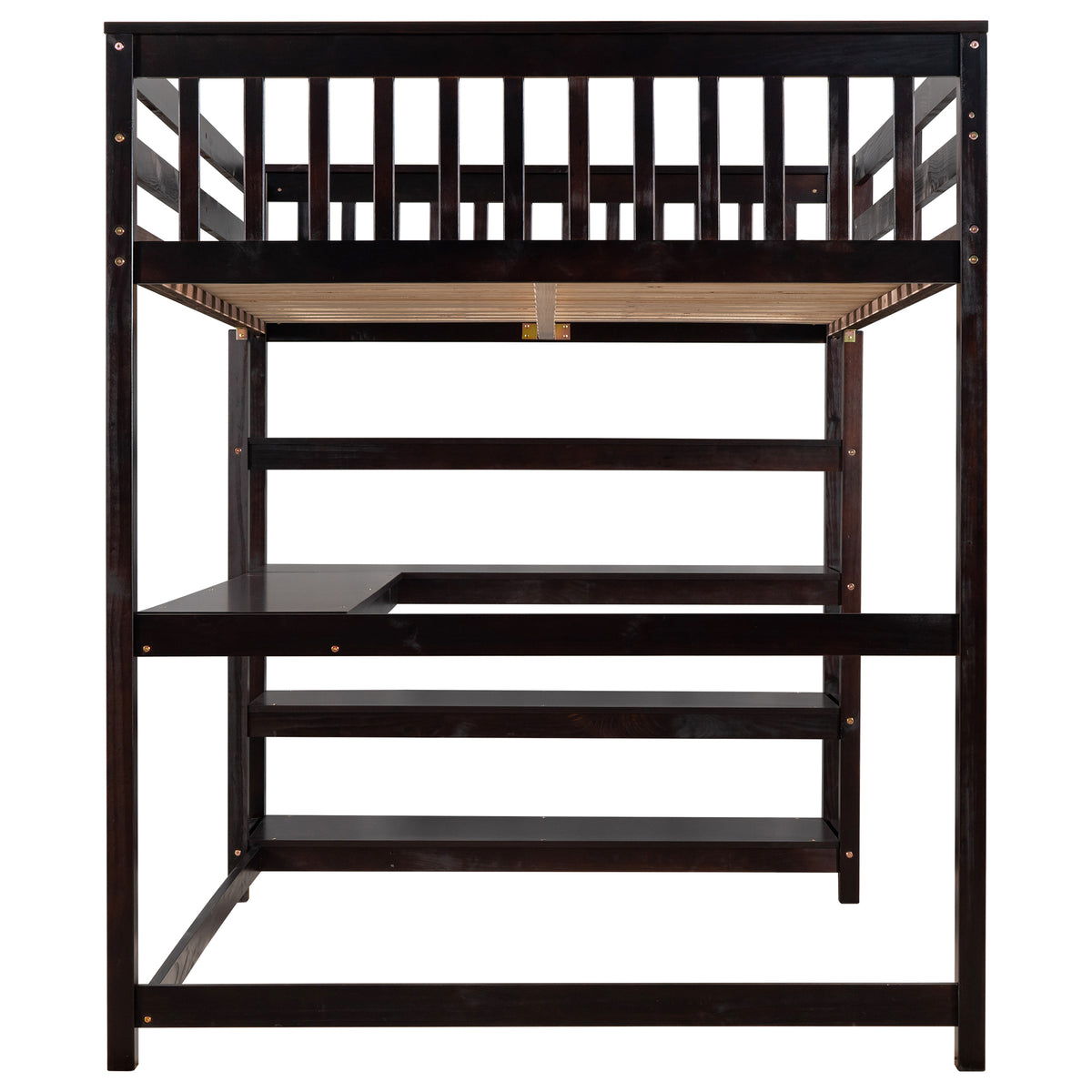 Full Size Loft Bed with Storage Shelves and Under-bed Desk  Espresso