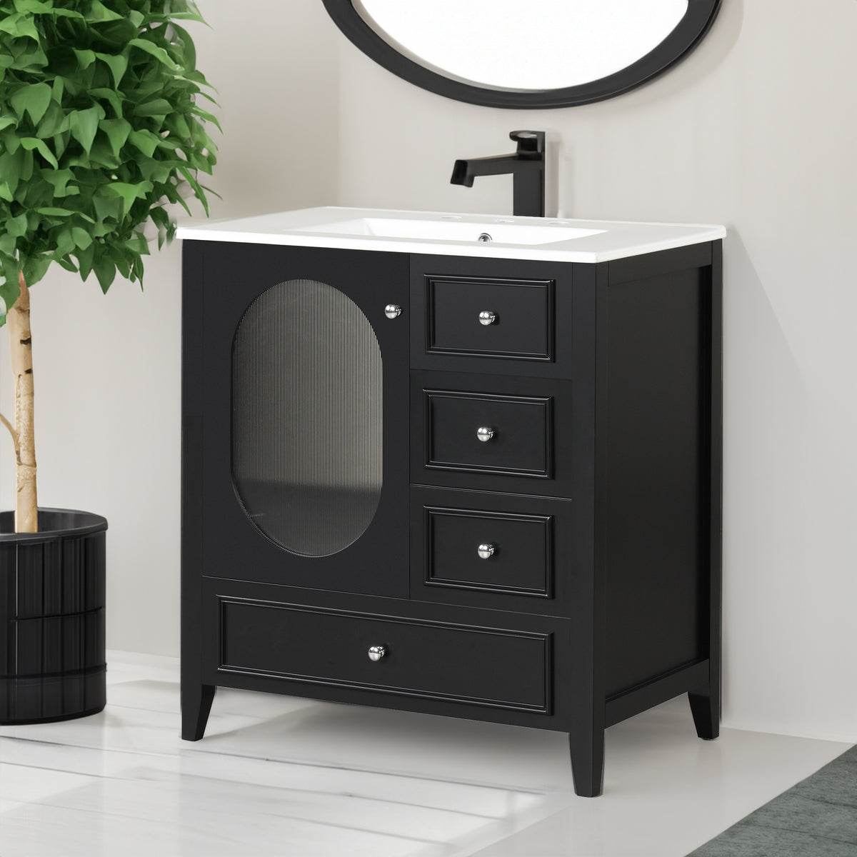 30" Bathroom Vanity with Sink, Bathroom Vanity Cabinet with Three Drawers and Door, Solid Wood and MDF, Black