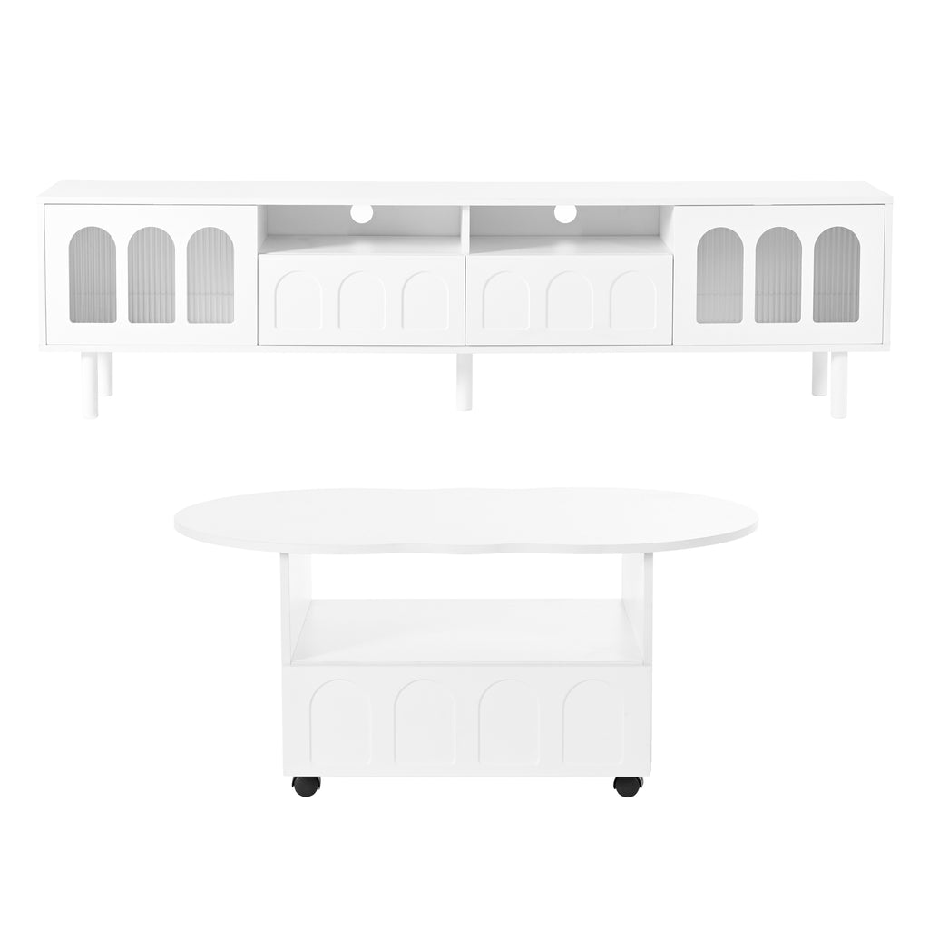 Deux ensembles de meubles TV et tables basses ON-TRANS de style crème, adaptés aux téléviseurs de moins de 80 pouces, blancs