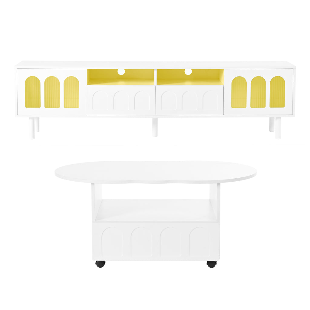 Deux ensembles de meubles TV et tables basses ON-TRANS de style crème, adaptés aux téléviseurs de moins de 80 pouces, blancs