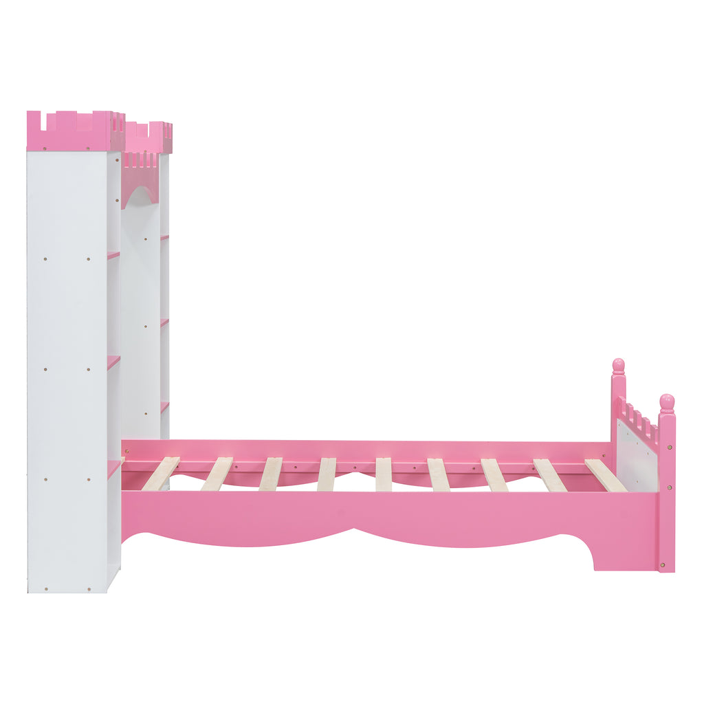 Lit en bois en forme de château avec étagère de rangement, lit plateforme double de rêve pour chambre d'enfant, blanc + rose