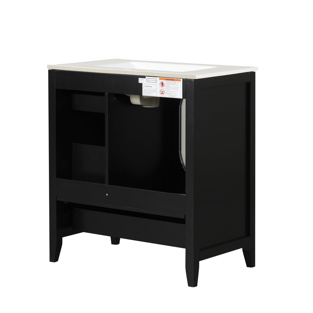 Meuble-lavabo de salle de bain de 76 cm avec lavabo, Meuble de rangement de salle de bain avec trois tiroirs et une porte, Bois massif et MDF, Noir