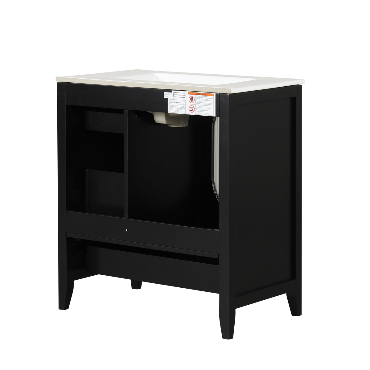 Meuble-lavabo de salle de bain de 76 cm avec lavabo, Meuble de rangement de salle de bain avec trois tiroirs et une porte, Bois massif et MDF, Noir