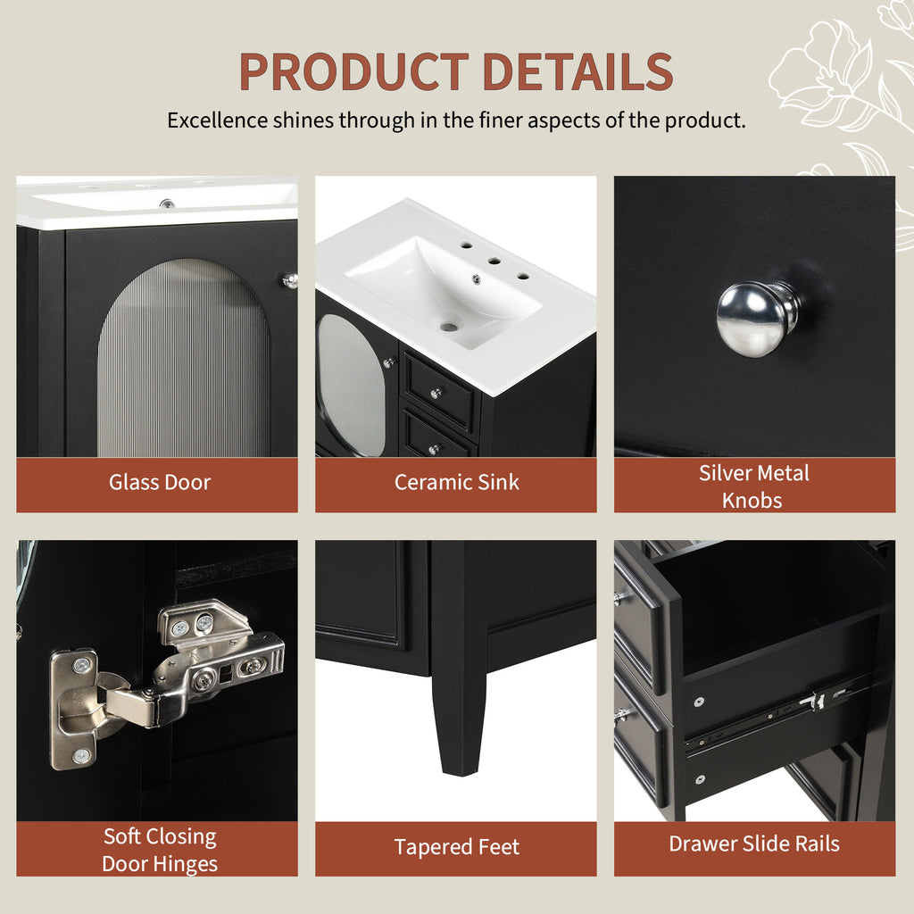 Meuble-lavabo de salle de bain de 76 cm avec lavabo, Meuble de rangement de salle de bain avec trois tiroirs et une porte, Bois massif et MDF, Noir