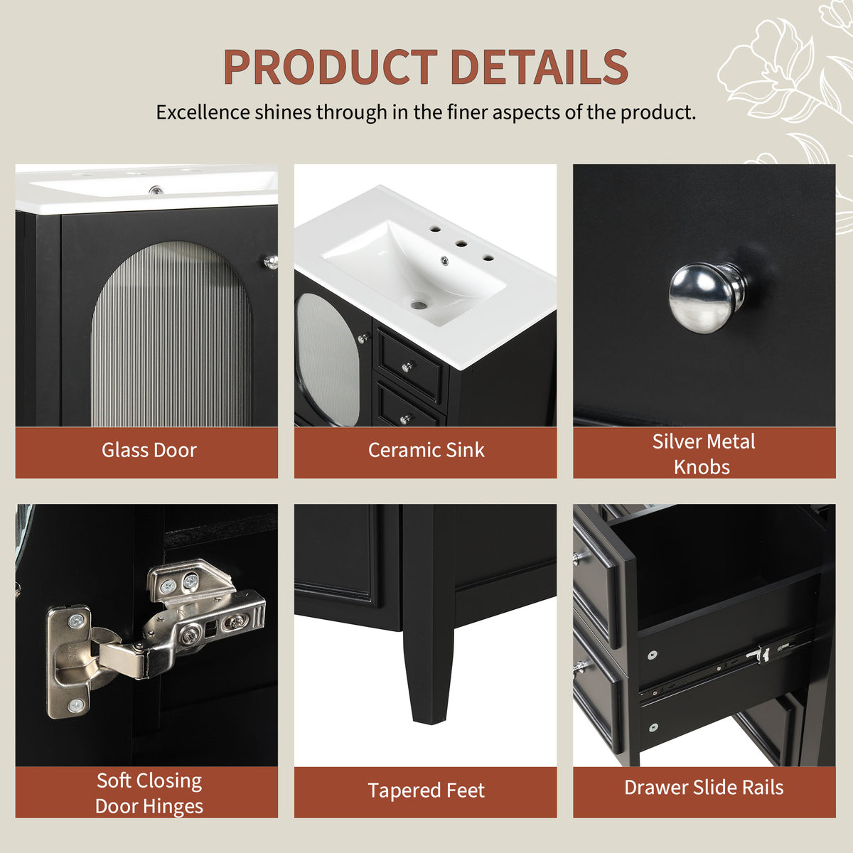 Meuble-lavabo de salle de bain de 76 cm avec lavabo, Meuble de rangement de salle de bain avec trois tiroirs et une porte, Bois massif et MDF, Noir