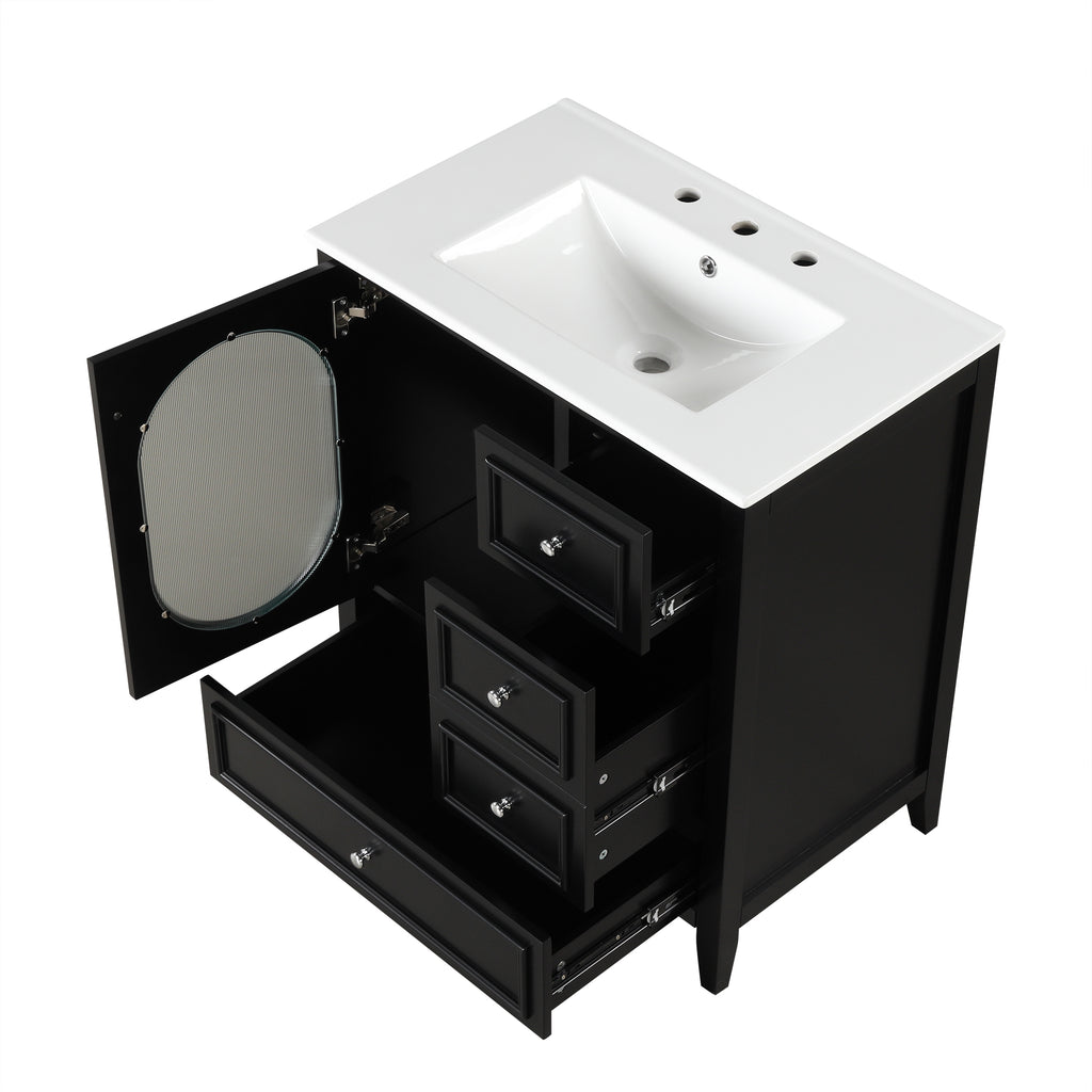 Meuble-lavabo de salle de bain de 76 cm avec lavabo, Meuble de rangement de salle de bain avec trois tiroirs et une porte, Bois massif et MDF, Noir