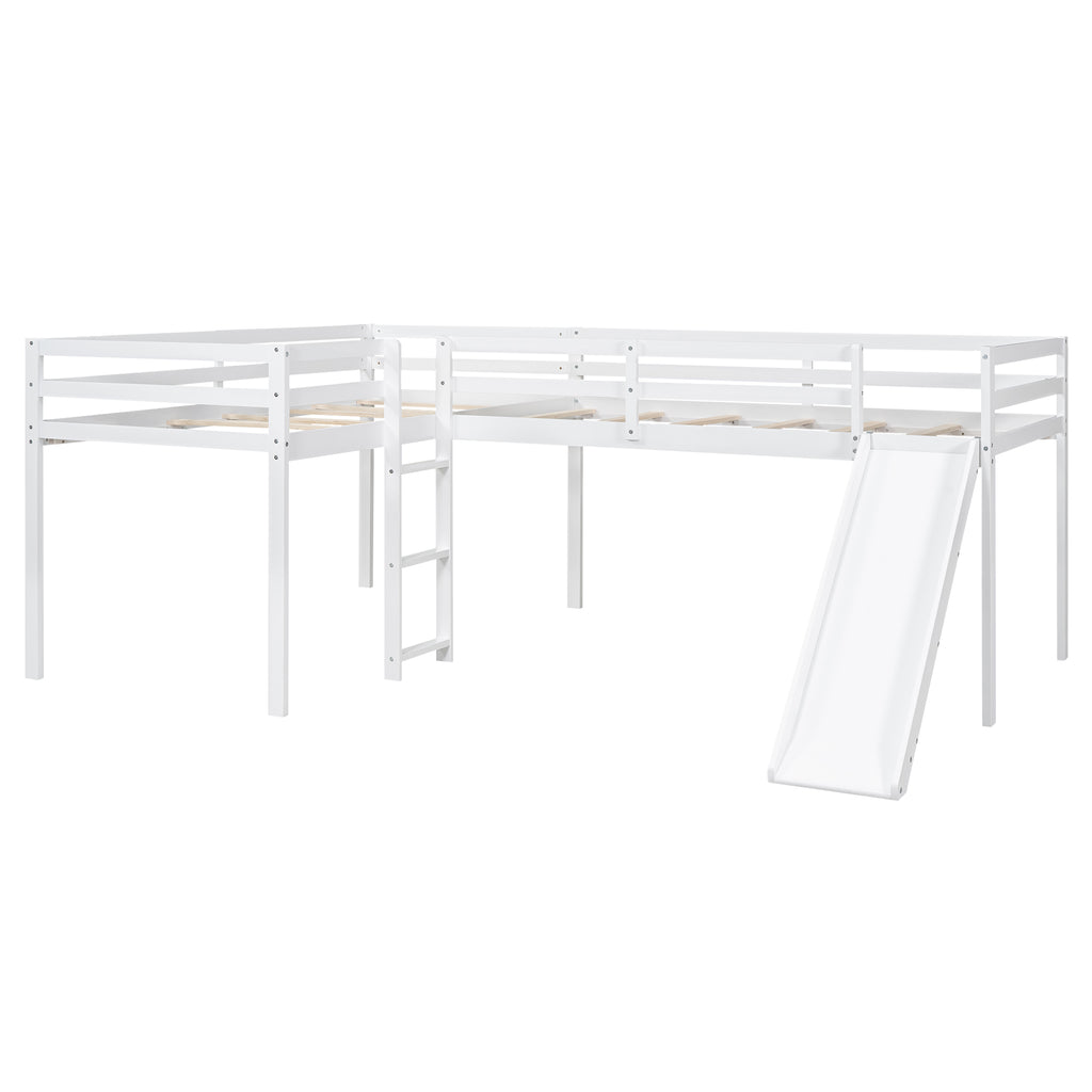 L-Shaped Twin Size Loft Bed with Ladder and Slide, White