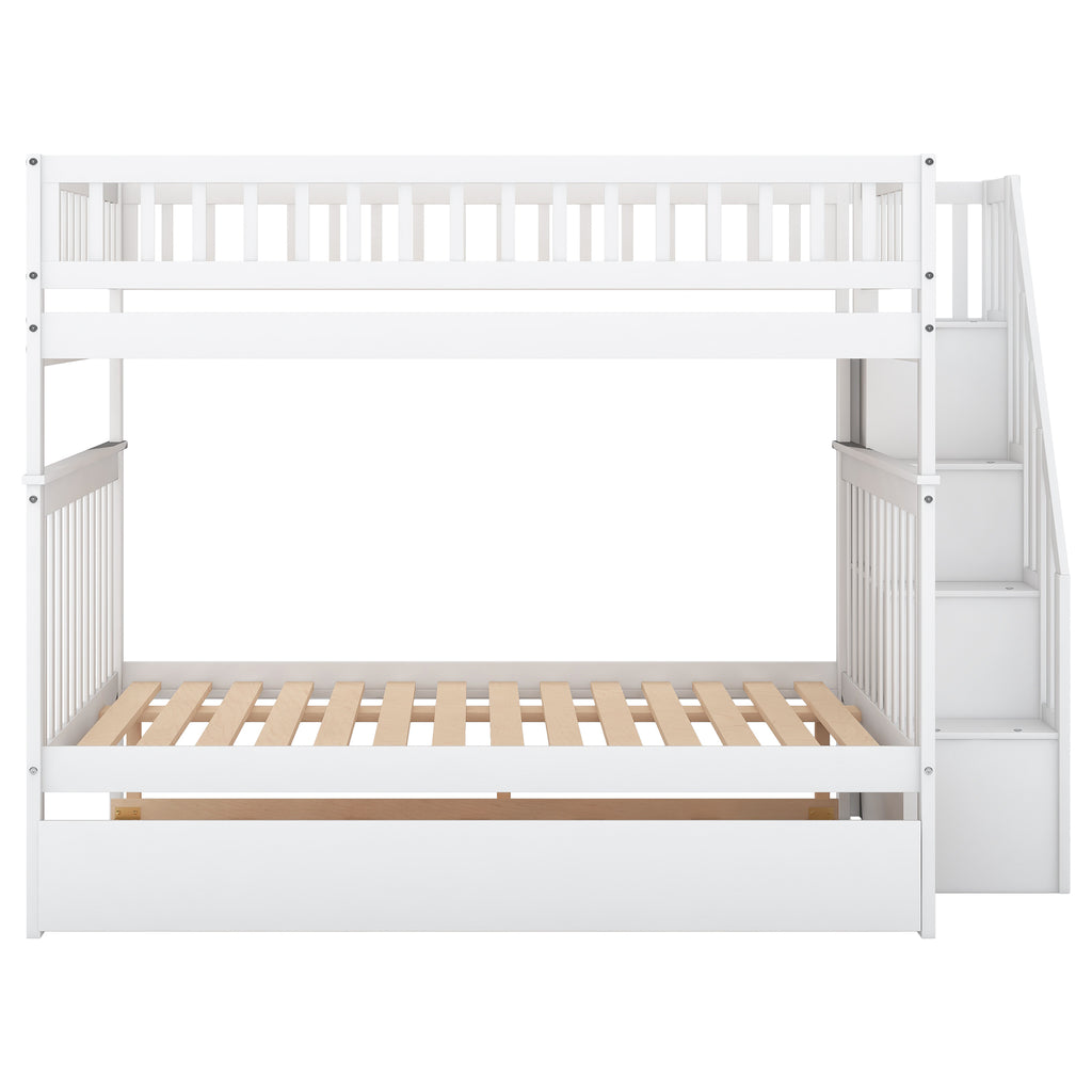 Full over Full Bunk Bed with Trundle and Staircase White