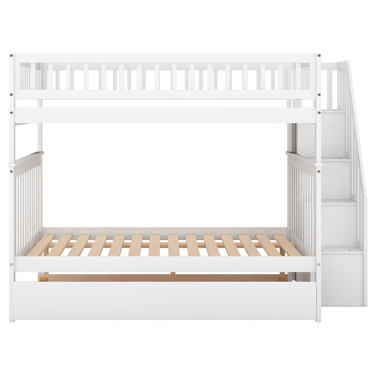 Full over Full Bunk Bed with Trundle and Staircase White