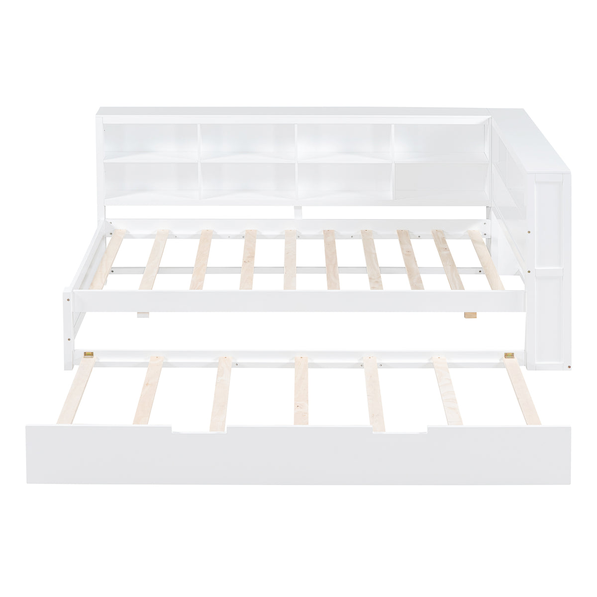 Wooden Twin Size DayBed with Twin Trundle, DayBed with Storage Shelf and USB Charging Ports,White