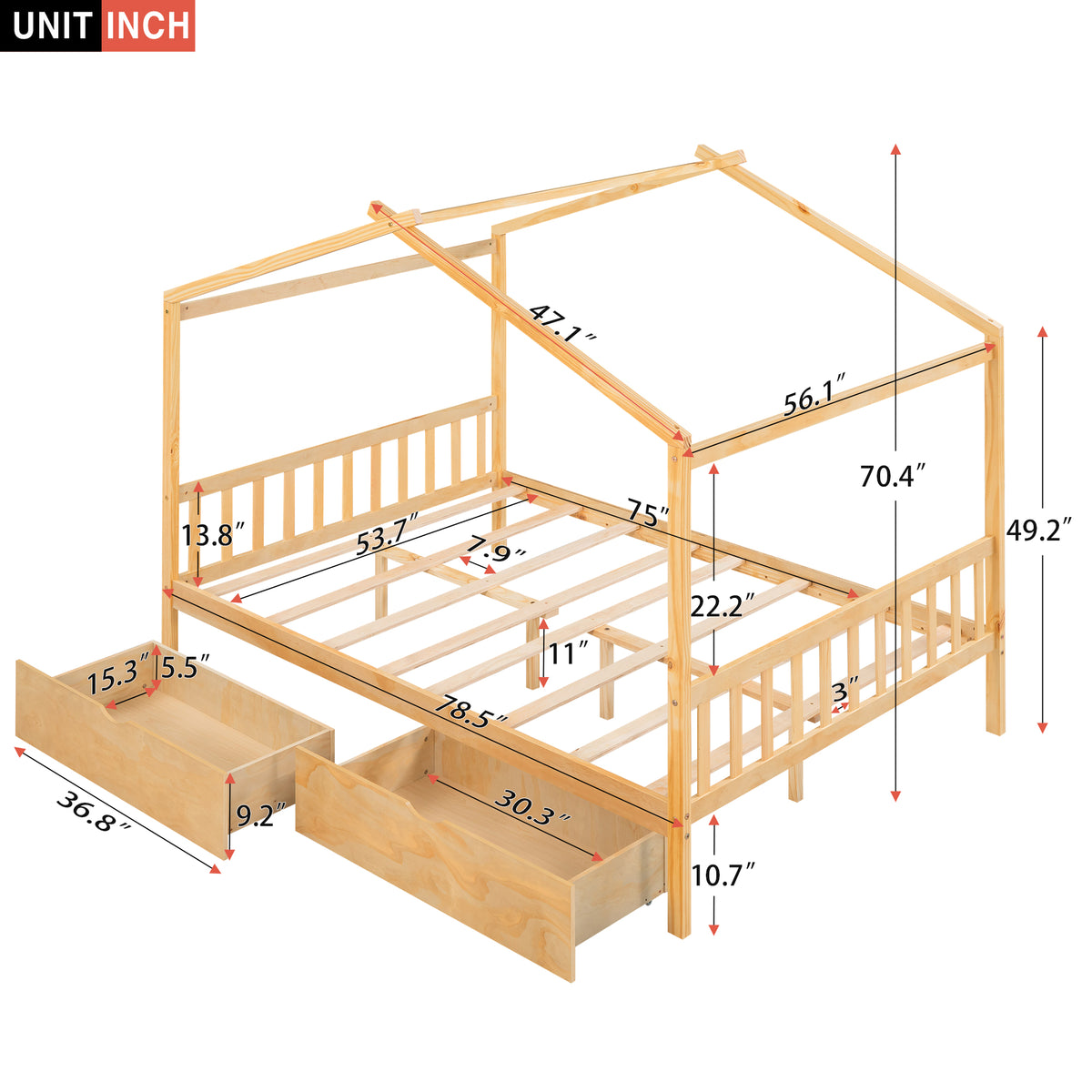 Full Size House Platform Bed with Two Drawers,Headboard and Footboard Roof Design Natural