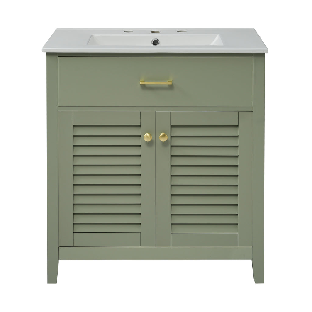 30-Inch Bathroom Vanity with Ceramic Sink Combination, Ample Storage - Features 1 Pullout and Multifunctional Shelf Dividers