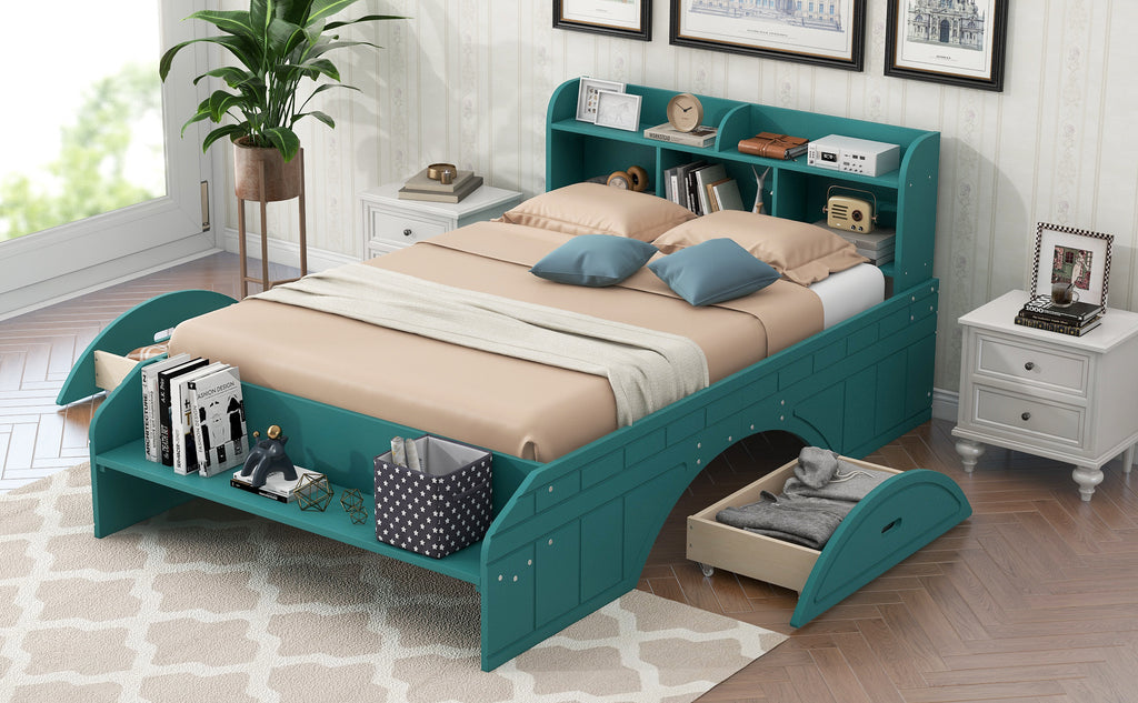 Lit plateforme double en bois avec 2 tiroirs, tête de lit et pied de lit de rangement, vert foncé