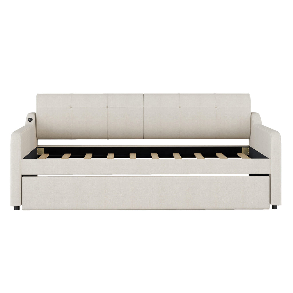 Twin Size Upholstery Daybed with Trundle and USB Charging Design Trundle can be flat or erected Beige