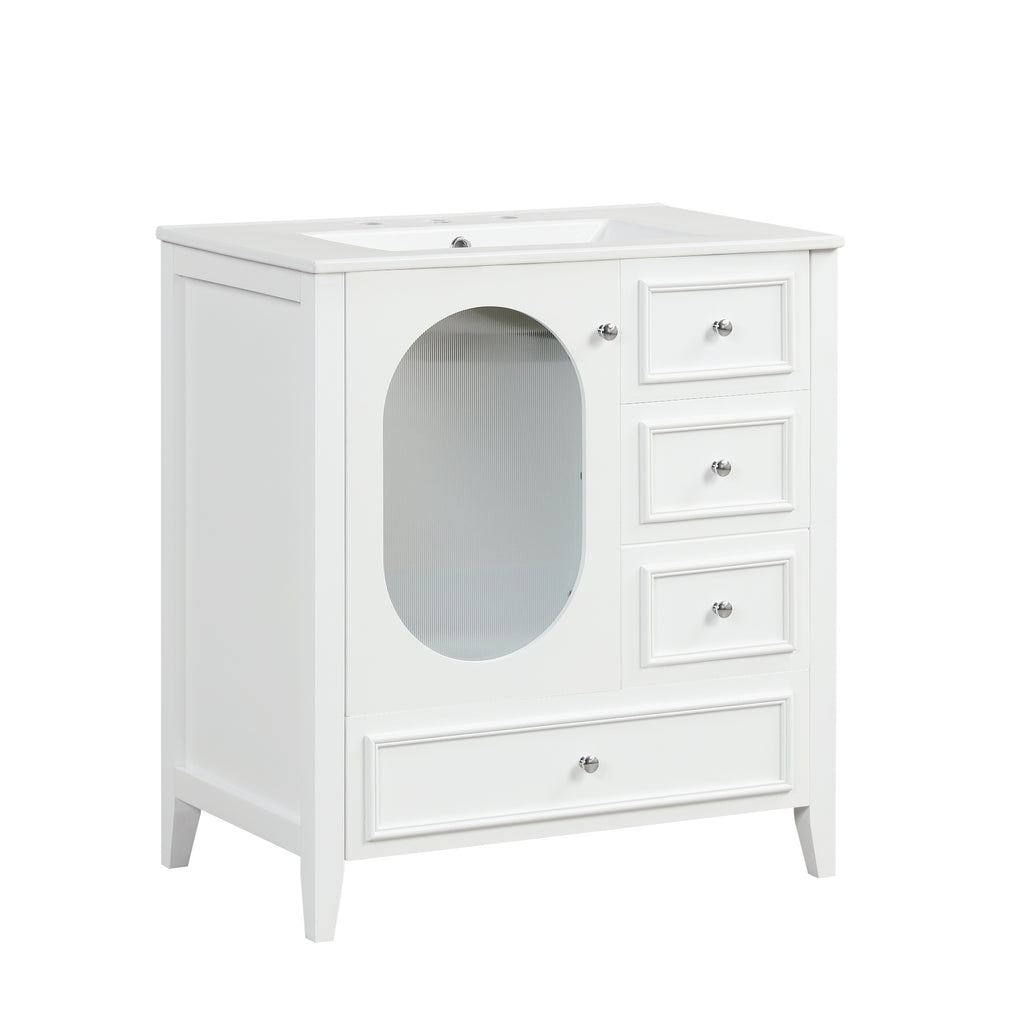 30" Bathroom Vanity with Sink, Bathroom Vanity Cabinet with Three Drawers and Door, Solid Wood and MDF, White