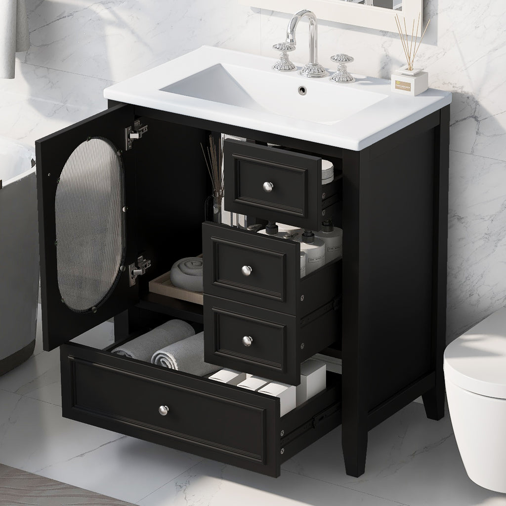 Meuble-lavabo de salle de bain de 76 cm avec lavabo, Meuble de rangement de salle de bain avec trois tiroirs et une porte, Bois massif et MDF, Noir